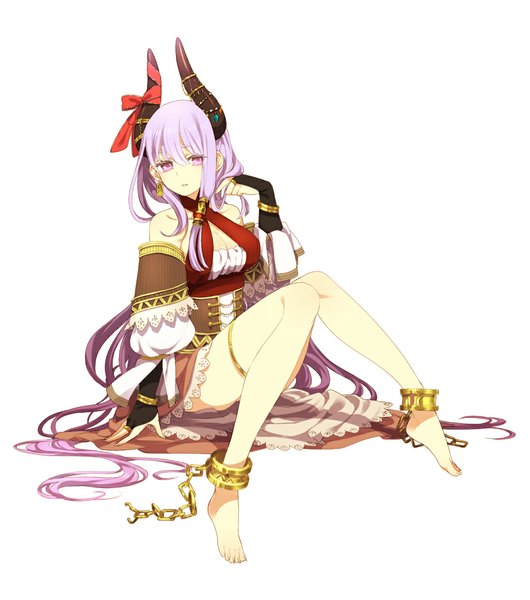 Anime picture 1024x1160 with original pixiv fantasia ni02 (asahi nini) single tall image looking at viewer simple background white background purple eyes purple hair very long hair barefoot horn (horns) bare legs girl dress bow earrings bracelet jewelry