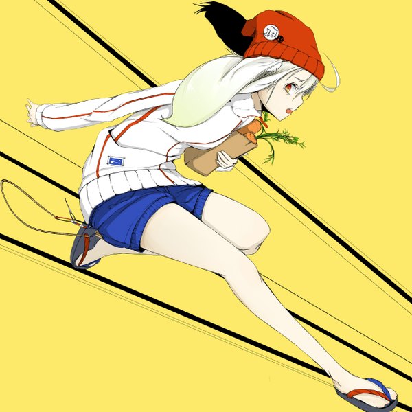 Anime picture 2500x2500 with original yugeoryouki single looking at viewer highres open mouth blonde hair red eyes holding animal ears profile bunny ears bunny girl jumping yellow background girl shorts headdress cap vegetables