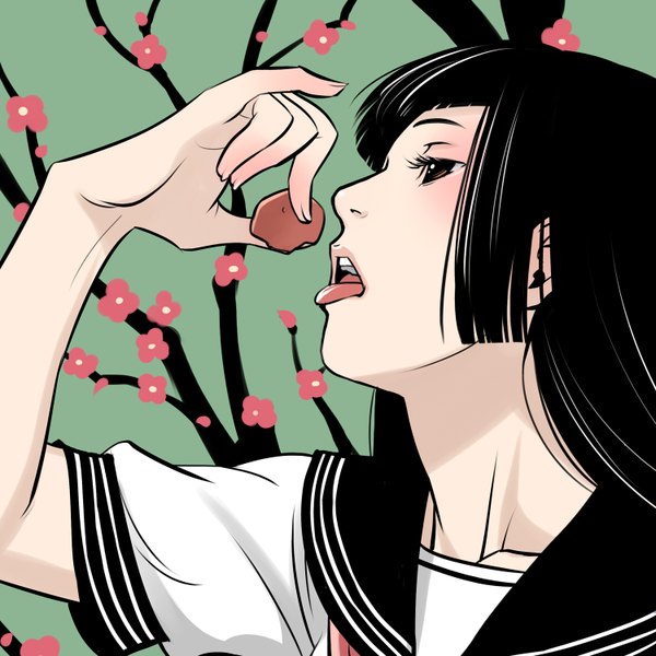 Anime picture 1500x1500 with original hino kahoru single long hair open mouth black hair red eyes profile eating green background plum blossoms girl flower (flowers) serafuku tongue