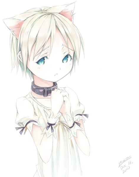 Anime picture 1735x2212 with original ycums (artist) single tall image highres short hair blue eyes blonde hair white background animal ears looking away cat ears girl collar