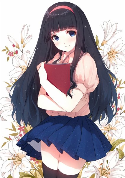 Anime picture 800x1131 with card captor sakura clamp daidouji tomoyo caidychen single long hair tall image looking at viewer blush fringe blue eyes black hair simple background smile standing white background holding blunt bangs pleated skirt short sleeves