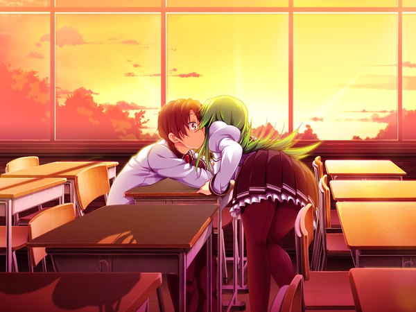 Anime picture 1024x768 with erect! eris erotis piromizu long hair short hair black hair yellow eyes game cg green hair couple evening sunset kiss girl boy skirt uniform school uniform miniskirt desk