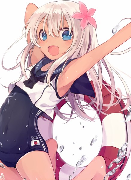 Anime picture 600x821 with kantai collection ro-500 submarine shugao single long hair tall image looking at viewer open mouth blue eyes light erotic simple background hair between eyes white background white hair :d hair flower armpit (armpits) fang (fangs) character names outstretched arm