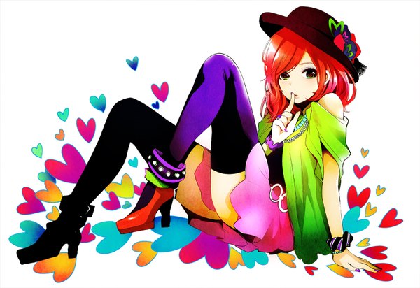 Anime picture 1512x1039 with vocaloid weda (artist) single looking at viewer short hair white background sitting bare shoulders green eyes red hair nail polish finger to mouth multicolored girl thighhighs skirt black thighhighs hat bracelet heart