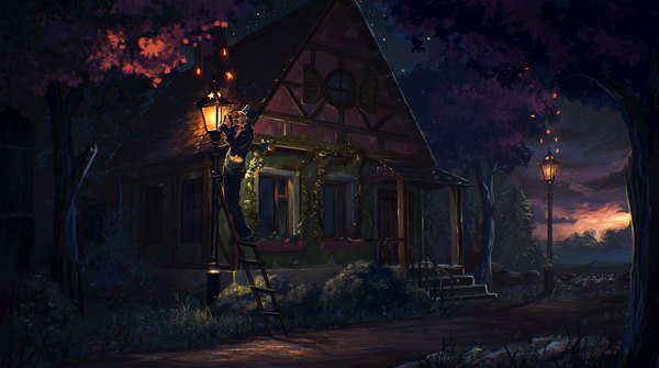 Anime picture 4000x2235 with original sylar113 single highres wide image standing absurdres sky outdoors night glowing glow boy plant (plants) hat tree (trees) building (buildings) lantern house lamppost