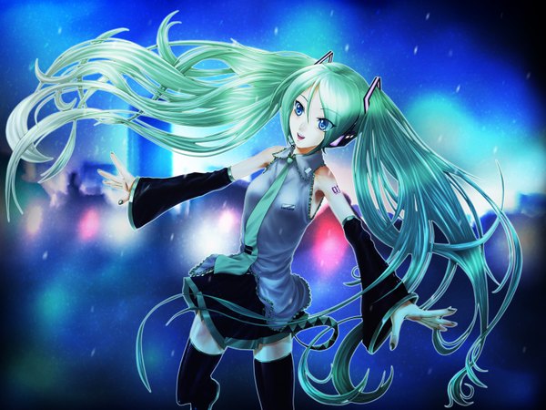 Anime picture 1600x1200 with vocaloid hatsune miku single long hair blue eyes twintails green hair spread arms girl thighhighs detached sleeves necktie