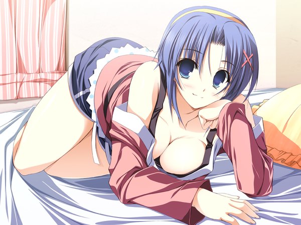 Anime picture 1600x1200 with sakura strasse ayase yuka yuuki makoto (radiant) blush highres short hair breasts blue eyes light erotic large breasts blue hair cleavage lying wallpaper loose shirt shorts hairband bed