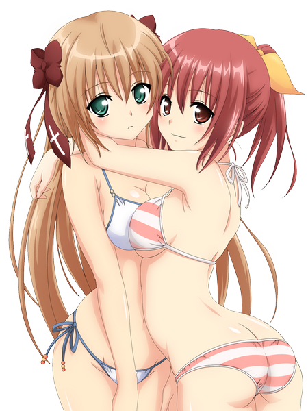 Anime picture 1500x2000 with mayoi neko overrun! serizawa fumino naruko kanae long hair tall image looking at viewer blush highres breasts light erotic smile brown hair multiple girls brown eyes green eyes ass ponytail hug transparent background girl