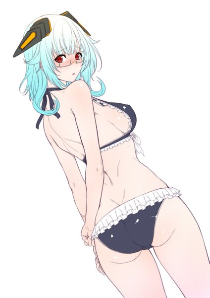 Anime picture 1000x1414 with infinite stratos 8bit sarashiki kanzashi zucchini single tall image looking at viewer blush fringe short hair breasts open mouth light erotic red eyes large breasts standing white background bare shoulders ass white hair