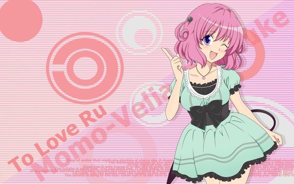 Anime picture 1920x1200 with toloveru xebec momo velia deviluke single highres short hair open mouth wide image purple eyes pink hair one eye closed wink girl dress bow pendant