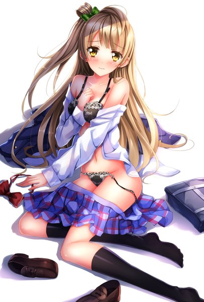 Anime picture 965x1428 with love live! school idol project sunrise (studio) love live! minami kotori swordsouls single long hair tall image blush light erotic blonde hair simple background white background yellow eyes open clothes open shirt one side up girl navel underwear