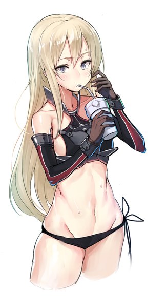 Anime picture 1699x3121 with kantai collection bismarck battleship battle koala single long hair tall image blush fringe blue eyes light erotic blonde hair simple background hair between eyes white background bare shoulders holding looking away bare belly bare legs thighs