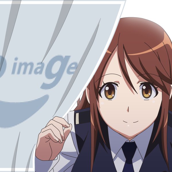 Anime picture 850x850 with rail wars! pixiv iida nana mugen ouka single long hair looking at viewer fringe smile hair between eyes brown hair white background brown eyes leaning leaning forward no image girl uniform