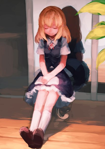 Anime picture 708x1000 with touhou kirisame marisa junwool single tall image short hair blonde hair smile sitting eyes closed reflection no hat girl dress socks book (books) white socks