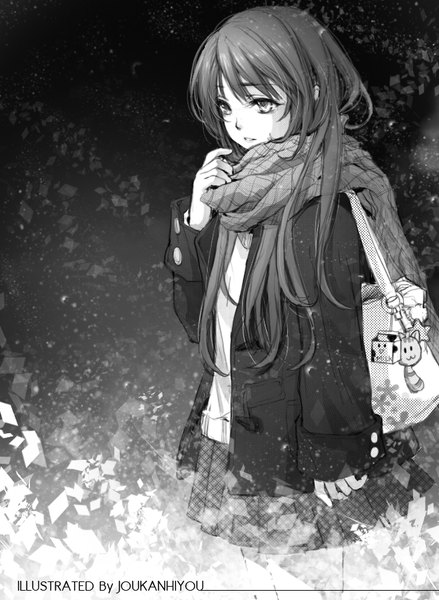 Anime picture 660x903 with original shangguan feiying jokanhiyou single long hair tall image fringe standing signed looking away pleated skirt open jacket sleeves past wrists monochrome expressionless girl skirt uniform school uniform jacket