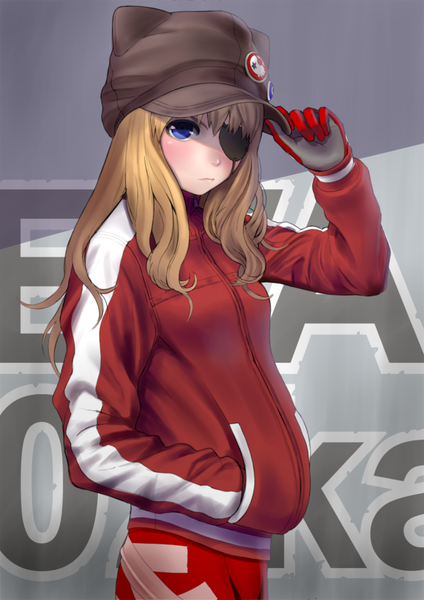 Anime picture 1000x1414 with neon genesis evangelion rebuild of evangelion evangelion: 3.0 you can (not) redo gainax soryu asuka langley shikinami asuka langley manbou (manvow) single long hair tall image looking at viewer blush blue eyes blonde hair hand in pocket girl gloves hat jacket eyepatch