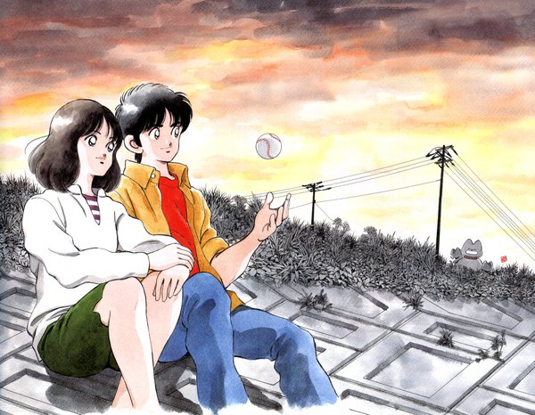 Anime picture 3858x3000 with touch tatsuya uesugi minami asakura highres short hair black hair smile brown hair sitting absurdres couple evening sunset striped twisty sleeves oldschool 80s girl boy cat