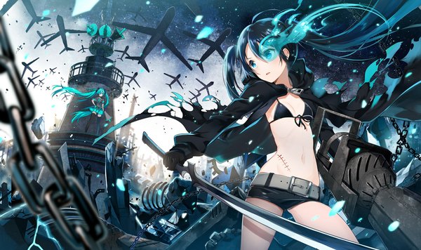 Anime picture 1000x594 with black rock shooter vocaloid hatsune miku black rock shooter (character) yuzuki kihiro fringe blue eyes black hair wide image twintails pleated skirt wind hair over one eye aqua hair open clothes open jacket bare belly depth of field hand on hip glowing