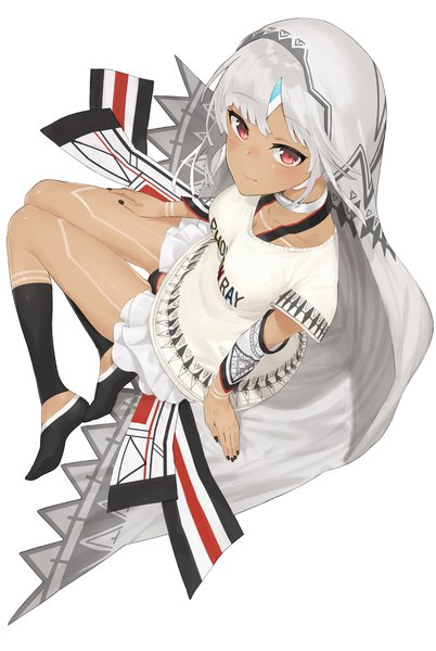 Anime picture 762x1136 with fate (series) fate/extra fate/extella altera (fate) hayashi kewi single tall image looking at viewer blush short hair light erotic simple background red eyes white background sitting silver hair full body nail polish from above arm support
