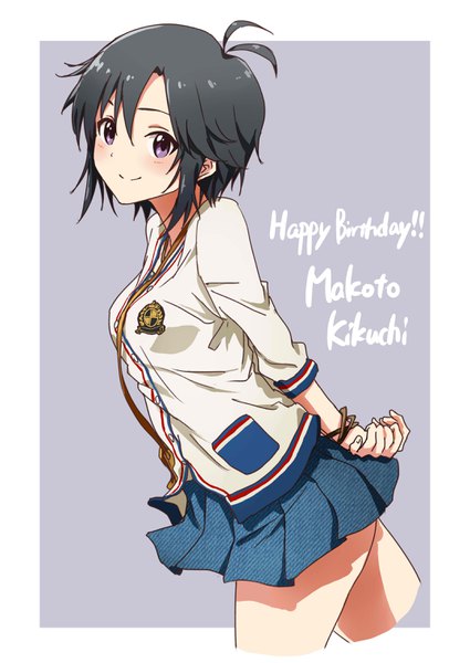 Anime picture 2149x3035 with idolmaster kikuchi makoto ayano yuu (sonma 1426) single tall image blush highres short hair black hair smile purple eyes ahoge pleated skirt character names border hands behind back happy birthday girl skirt miniskirt