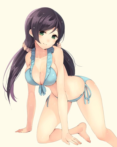 Anime picture 1280x1611 with love live! school idol project sunrise (studio) love live! toujou nozomi paseri single long hair tall image looking at viewer blush breasts light erotic simple background smile twintails green eyes cleavage purple hair barefoot wet