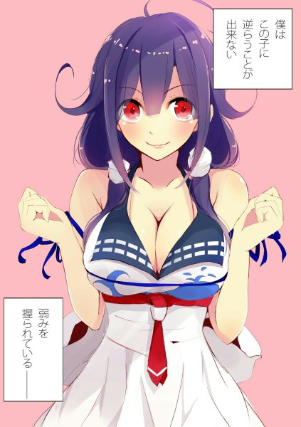 Anime picture 846x1200 with kantai collection taigei light aircraft carrier tebi (tbd11) single long hair tall image looking at viewer blush fringe breasts light erotic simple background smile red eyes large breasts twintails bare shoulders purple hair inscription low twintails