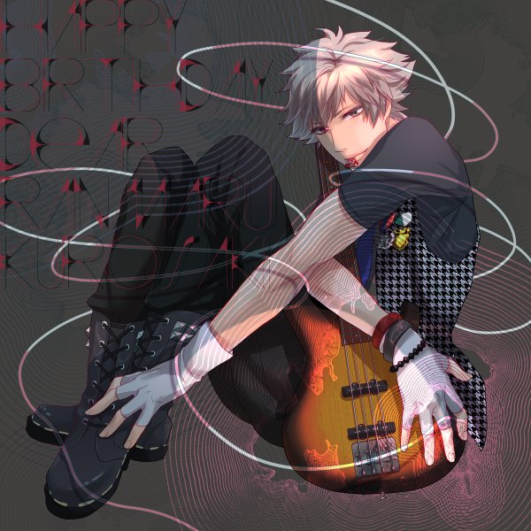 Anime picture 1200x1200 with uta no prince-sama a-1 pictures kurosaki ranmaru moge-hera single looking at viewer short hair sitting holding silver hair grey background heterochromia mouth hold happy birthday boy gloves boots bracelet fingerless gloves wire (wires)