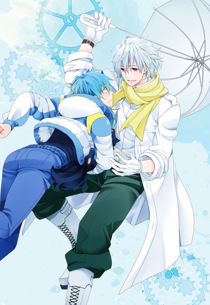 Anime picture 1099x1587 with dramatical murder nitro+chiral aoba (dmmd) clear (dmmd) tall image short hair red eyes yellow eyes blue hair white hair multiple boys boy gloves jacket boots scarf umbrella 2 boys dog gears