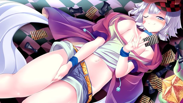 Anime picture 2728x1536 with no game no life madhouse tet (no game no life) sukage single looking at viewer blush highres short hair blue eyes light erotic smile wide image bare shoulders holding silver hair lying one eye closed from above wink
