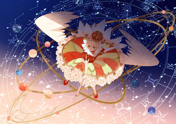 Anime picture 1700x1204 with card captor sakura clamp kinomoto sakura okazaki oka single looking at viewer short hair open mouth blonde hair smile green eyes full body ahoge from above sunlight inscription night sparkle shadow short sleeves