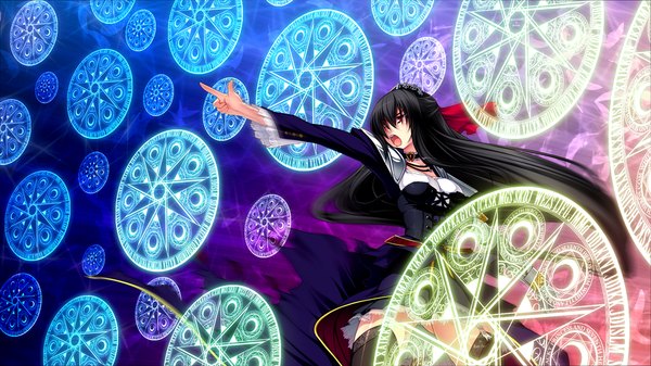 Anime picture 1024x576 with legend seven (game) single long hair open mouth black hair red eyes wide image game cg magic girl thighhighs dress black thighhighs magic circle