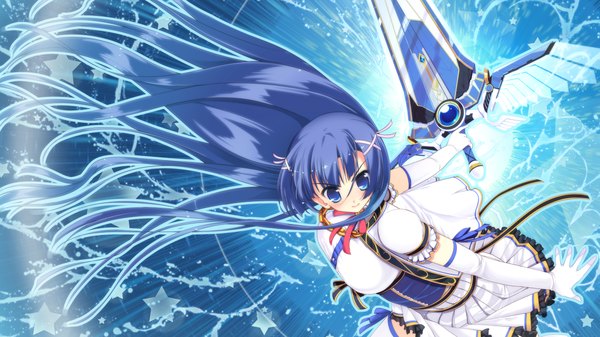 Anime picture 1280x720 with colorful cure sakuramiya aoi moric (artist) long hair blue eyes wide image blue hair game cg girl dress gloves weapon sword elbow gloves