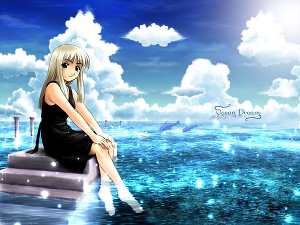 Anime picture 1600x1200 with kikoz arase susumu single long hair looking at viewer blonde hair sitting sky cloud (clouds) full body outdoors wallpaper sleeveless third-party edit soaking feet extended girl dress water sea