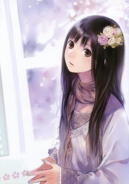 Anime picture 2452x3495 with original kishida mel single long hair tall image looking at viewer fringe highres open mouth black hair brown eyes nail polish hair flower fingers together girl hair ornament flower (flowers) window scarf