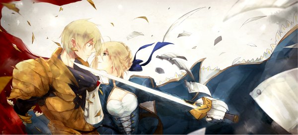 Anime picture 1375x625 with fate (series) fate/stay night fate/zero studio deen type-moon artoria pendragon (all) saber gilgamesh (fate) kutsumura short hair blue eyes blonde hair red eyes wide image face to face girl dress boy gloves earrings