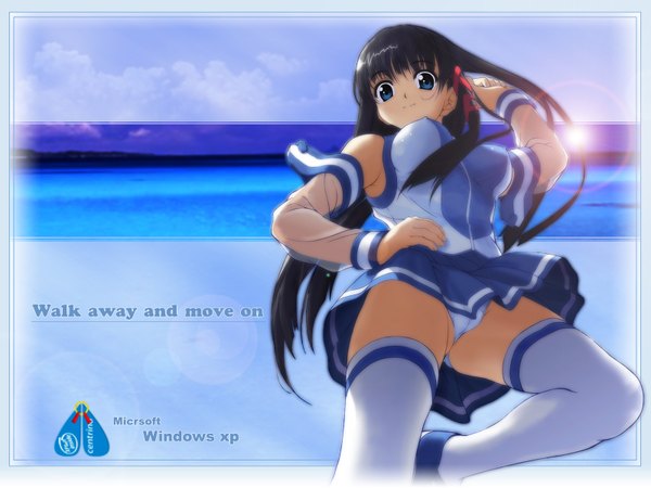 Anime picture 1600x1200 with os-tan windows (operating system) xp-tan (saseko) tagme (artist) single long hair looking at viewer fringe blue eyes light erotic black hair pleated skirt light smile from below pantyshot wallpaper hand on hip wind lift girl thighhighs