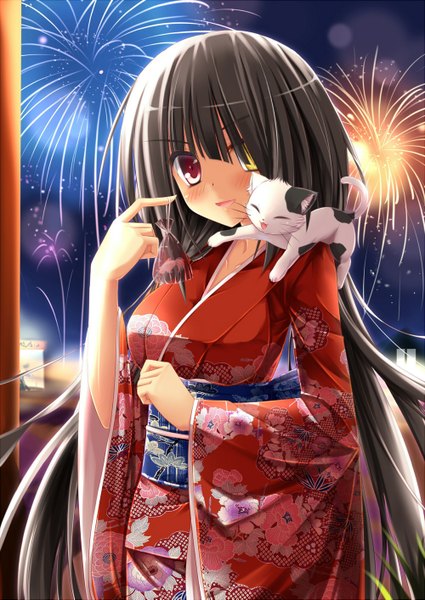 Anime picture 1000x1413 with date a live tokisaki kurumi angel koman single long hair tall image blush open mouth black hair twintails traditional clothes japanese clothes heterochromia fireworks animal on shoulder girl animal kimono obi cat