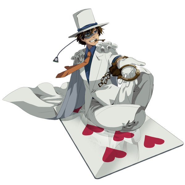Anime picture 1412x1412 with detective conan magic kaito kaito kid aruta1412 short hair blue eyes simple background brown hair white background mouth hold outstretched arm boy gloves hat necktie cloak suit card (cards) top hat key