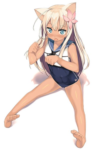 Anime picture 1407x2158 with kantai collection ro-500 submarine kawai (purplrpouni) single tall image looking at viewer blush fringe blue eyes simple background blonde hair white background sitting bare shoulders animal ears barefoot hair flower cat ears bare legs shadow