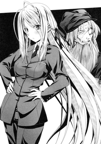 Anime picture 1124x1600 with highschool dxd rossweisse odin (highschool dxd) tall image blush fringe short hair breasts large breasts silver hair ahoge very long hair parted lips official art monochrome hands on hips novel illustration girl boy bow