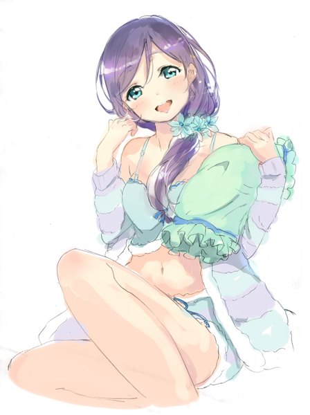 Anime picture 1000x1338 with love live! school idol project sunrise (studio) love live! toujou nozomi ume (plumblossom) single long hair tall image breasts open mouth smile white background sitting green eyes purple hair bare legs midriff girl navel pillow