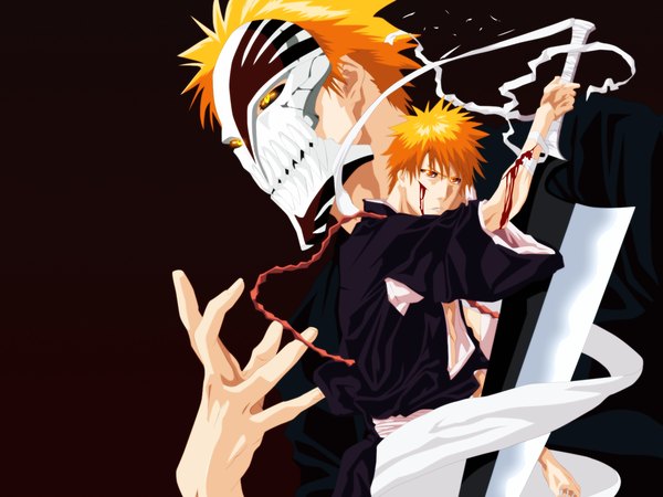 Anime picture 1600x1200 with bleach studio pierrot kurosaki ichigo eikens short hair yellow eyes japanese clothes orange hair orange eyes coloring dark background dual persona boy weapon kimono blood mask bandage (bandages) huge weapon huge sword