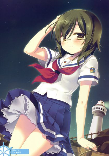 Anime picture 2745x3923 with high school fleet noma machiko miyasu risa single tall image blush highres short hair yellow eyes green hair light smile scan official art girl skirt glasses sailor suit