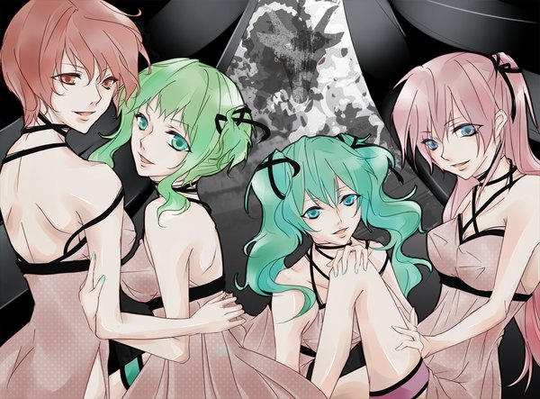 Anime picture 1500x1109 with vocaloid venomania kou no kyouki (vocaloid) hatsune miku megurine luka gumi meiko sakumaryu long hair blue eyes red eyes bare shoulders multiple girls pink hair red hair nail polish aqua eyes green hair aqua hair back girl