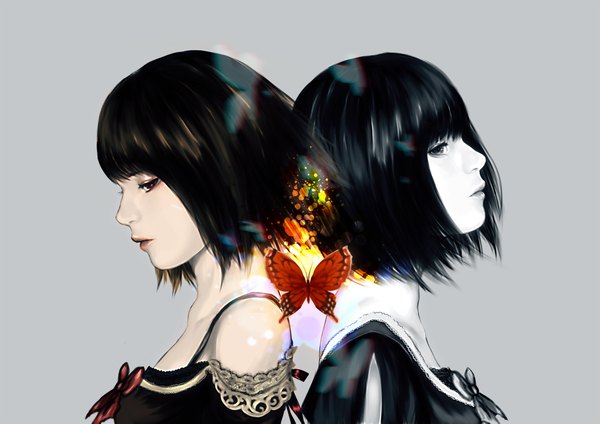 Anime picture 2339x1653 with fatal frame fatal frame 2 amakura mio amakura mayu hag (pixiv) highres short hair black hair simple background red eyes brown hair bare shoulders multiple girls profile grey background grey eyes couple monochrome pale skin twins