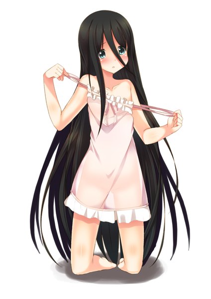 Anime picture 1131x1600 with dansai bunri no crime edge mushianokouji iwai nekomushi (second point) single tall image blush light erotic black hair simple background white background bare shoulders very long hair aqua eyes kneeling flat chest girl nightie