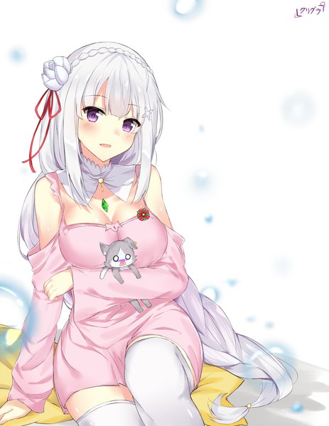 Anime picture 1500x1944 with re:zero kara hajimeru isekai seikatsu white fox emilia (re:zero) puck (re:zero) kurigura (sketch san) single long hair tall image looking at viewer blush fringe breasts open mouth light erotic simple background smile large breasts white background sitting purple eyes