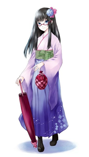 Anime picture 455x800 with original miyabi akino single long hair tall image looking at viewer fringe blue eyes black hair simple background smile white background traditional clothes japanese clothes hair flower closed umbrella girl hair ornament flower (flowers) glasses