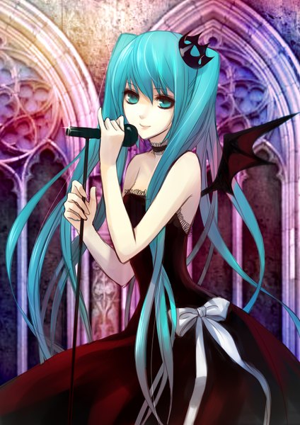 Anime picture 2480x3507 with vocaloid hatsune miku ask (askzy) long hair tall image highres green eyes green hair bat wings girl wings collar microphone crown microphone stand