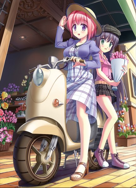 Anime picture 1420x1965 with original tonchan long hair tall image blush short hair open mouth black hair purple eyes multiple girls green eyes pink hair girl dress flower (flowers) 2 girls hat boots bouquet scooter